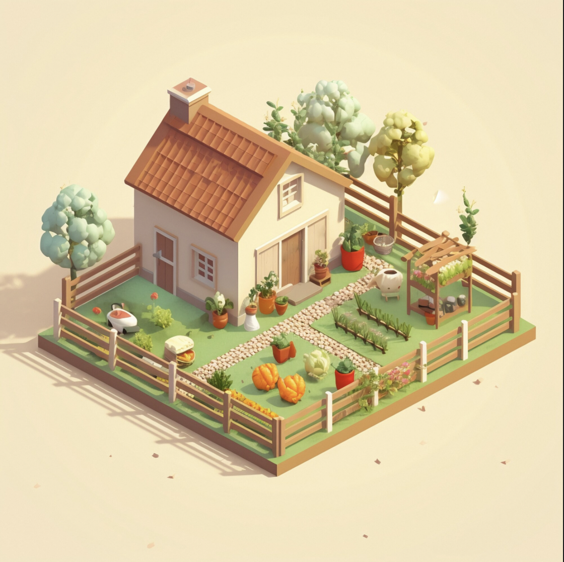 Vue isometrique 3D de votre jardin avec maison, potager, arbres et plantes